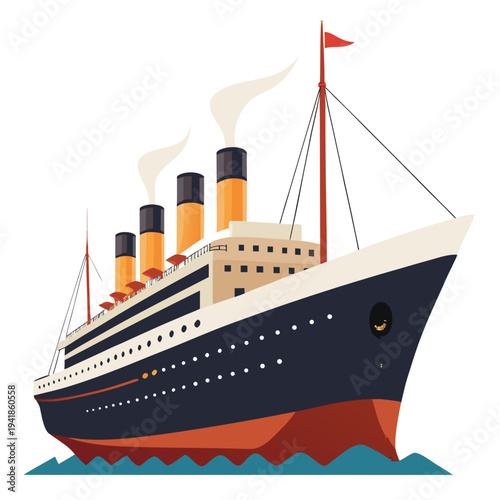 Historic ocean liner sailing through open waters with smoke billowing