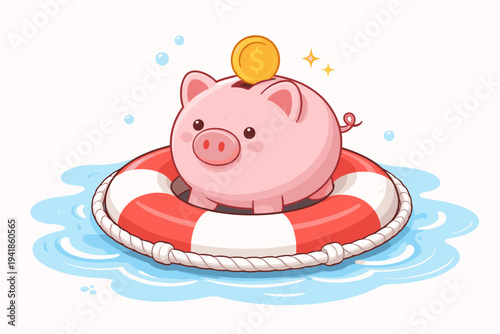 Cute Pink Piggy Bank with Gold Coin Sitting in a Red and White Lifebuoy Floating on Water, Financial Safety Concept, Emergency Fund, Money Protection, Insurance, and Banking Vector Illustration.