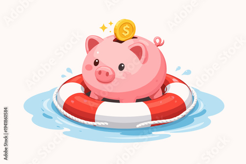 Cute pink piggy bank with a gold dollar coin floating on a red and white lifebuoy in water, vector illustration representing financial assistance, insurance, safety, and emergency savings fund.