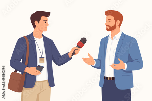 Professional male reporter with microphone and press badge conducting an interview with a businessman in a suit. Flat vector illustration of journalism, news reporting, and media communication.