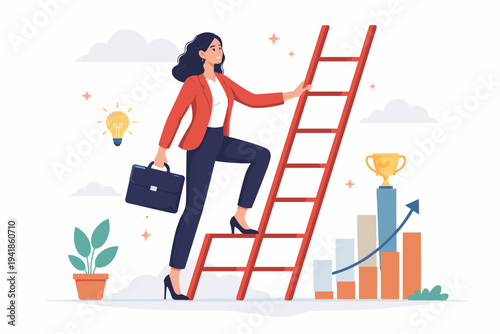 Ambitious Business Woman Climbing Career Ladder Towards Success and Professional Growth. Flat Vector Illustration of a Female Entrepreneur with Briefcase, Lightbulb Idea, Trophy, and Rising Chart.