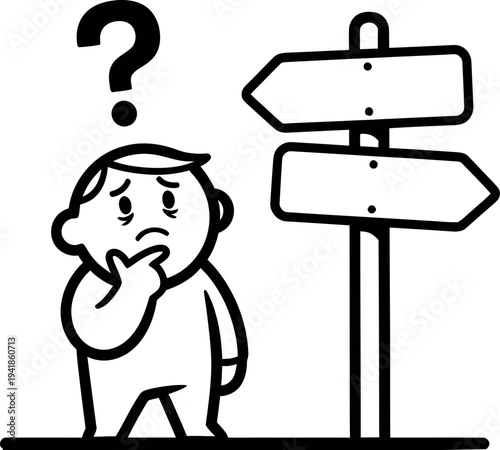 Confused cartoon man thinking at crossroads with question mark