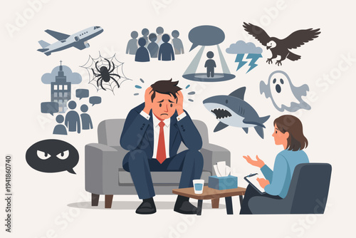 Anxious businessman in therapy session discussing multiple phobias like fear of flying, spiders, crowds, and sharks with a psychologist to overcome panic attacks and mental health stress.