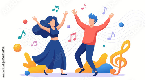 Happy Couple Dancing and Having Fun with Music Notes Illustration - Joyful People Celebrating Life and Music, Vector Flat Design