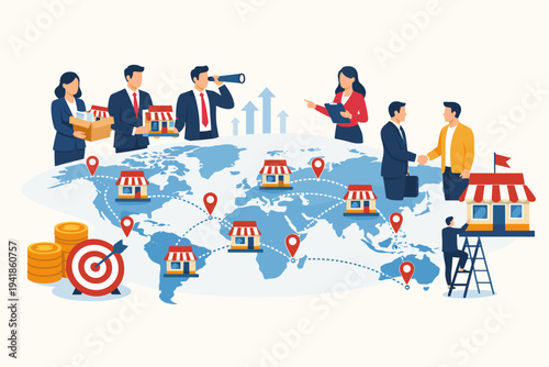 Business people expanding a franchise network on a global map with store icons, location pins, and partnership handshake. Flat vector illustration of international business growth and strategy.