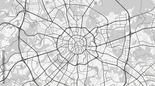 Detailed City Map of Moscow with Radial Road Network, Minimalist Black and White Vector Illustration