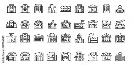 Business and City Buildings Line Icons Set – Hotel, Hospital, School, Bank, Store, Airport Editable Stroke Vector Illustration
