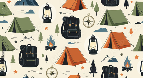 Camping Equipment and Accessories Pattern Illustration.