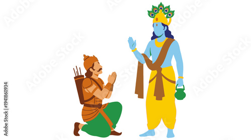 Lord Krishna Preaching Bhagavad Gita to Arjuna Vector Illustration, Hindu Mythology Scene of Divine Guidance from Mahabharata Epic on White Background