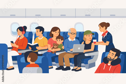 Flat Vector Illustration of Diverse Passengers Inside an Airplane Cabin with Flight Attendant Serving Drinks, People Traveling by Plane, Reading, Sleeping, and Using Laptop during Flight.