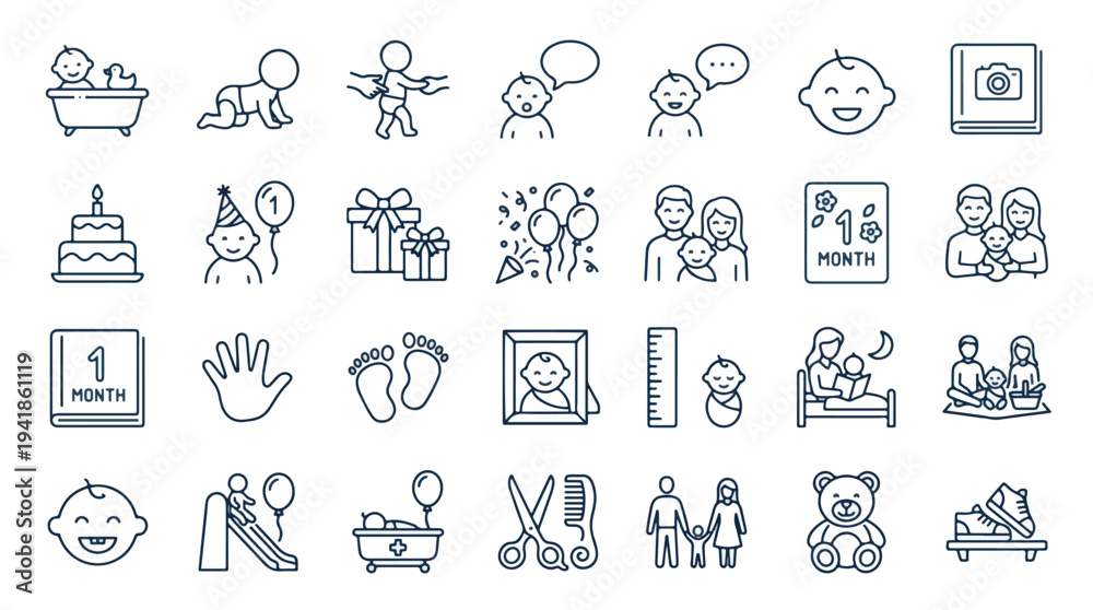 Fototapeta premium Minimalist line art icons for baby and parenting, black and white, simple illustrations