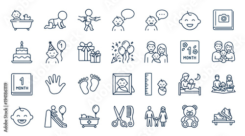 Minimalist line art icons for baby and parenting, black and white, simple illustrations