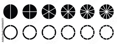Circle pie chart diagram,Set of black pie chart icons, Infographic element round shape. Circle pie chart as donut infographics data presentation. Vector illustration isolated on white background. 