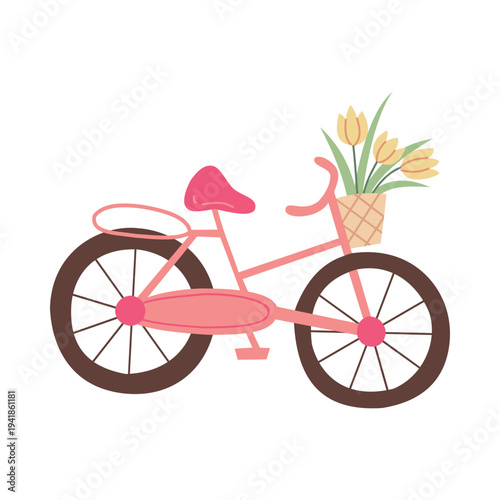 Bicycle bike vector flat hand drawn style retro transport pink cycle with flower basket spring greeting card and feminine branding design