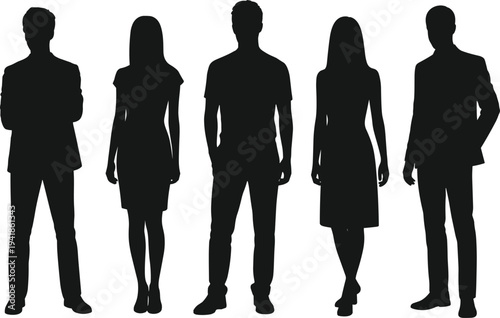 Vector silhouette of diverse group of people standing in casual and formal attire for community business team social networking recruitment and modern lifestyle success