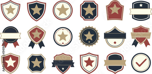 Golden set of heraldic shield icons featuring star, diamond, and badge shapes as vector web design elements for emblems and symbols