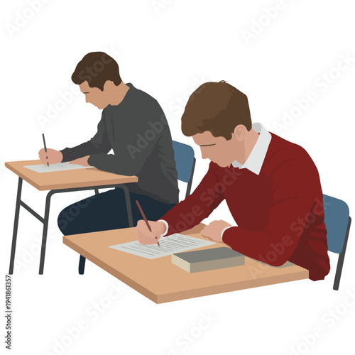 Two students sitting at desks and taking a test in a classroom setting