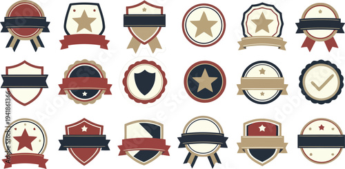 Comprehensive collection of vector icons featuring various shields, professional symbols, and transportation designs including cars, trucks, buses, and trains for badges or labels