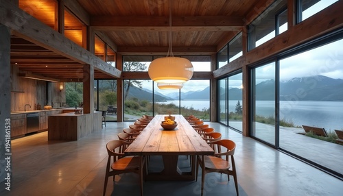 Expansive modern dining room with wooden beams and large table. Panoramic windows show lake and mountain views. Open plan area blends indoor outdoor living.