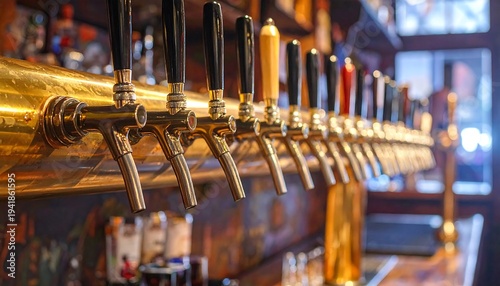 A line of golden beer taps ready to pour refreshing beverages at the bar