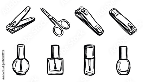 Hand-drawn manicure and pedicure tool set featuring nail clippers, small scissors, and various polish bottles in a black and white ink sketch illustration style for beauty concepts