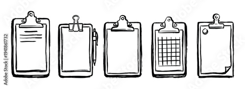 Hand drawn set of five clipboards with a list, grid, and blank paper in a black ink doodle style, illustrating concepts of planning, tasks, and organization