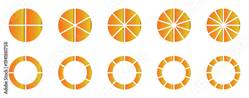 Circle pie chart diagram, Colorful diagram collection with. Pie chart divided  4, 5, 6,7, 8, 9, 10, 11, 12. equal parts. Vector illustration isolated on white background. 