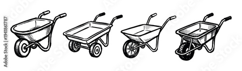 Four hand-drawn black and white wheelbarrows in a row, a collection of garden tools illustrated in a rough ink sketch style with detailed hatching and bold outlines