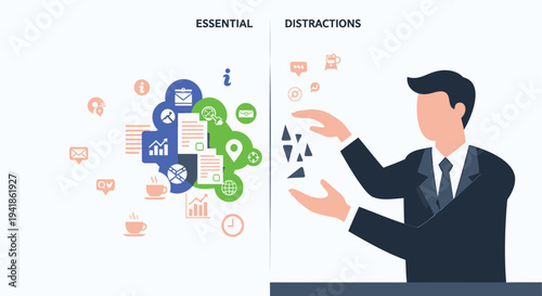 Vector illustration of businessman separating essential and distractions