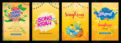 Set of Songkran festival poster invitation vector design. Thai New Year Holidays, thailand water festival.