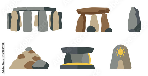Set of ancient megalithic stone structures including a dolmen, menhir, and stone circle in a flat vector illustration style for historical or pagan themes