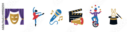 Set of six colorful entertainment icons representing performing arts like theater, dance, music, film, circus, and magic in a simple flat design