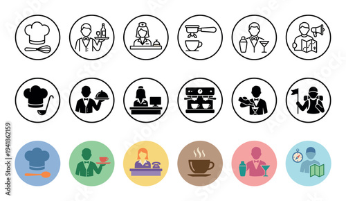 Collection of hospitality and service icons showing various professions like chef, waiter, barista, and tour guide in line art, glyph, and colorful flat design styles