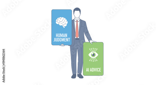 Vector illustration of businessman with human judgment and AI advice signs