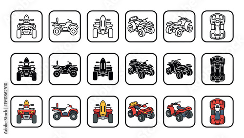 Collection of all-terrain vehicle icons in various styles including line art, solid glyph, and color, showing different perspectives like front, side, and top-down views