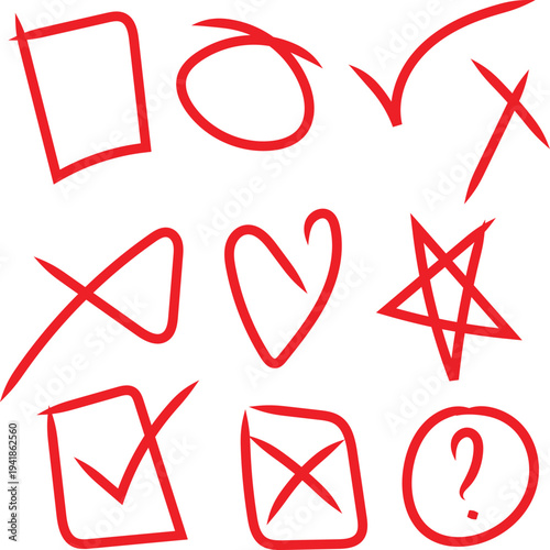 A collection of red hand drawn check marks, X marks, circles, squares, and a heart symbol