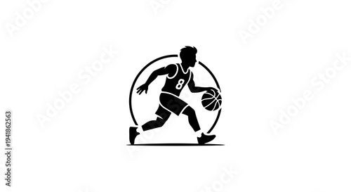 A silhouette of a basketball player in motion on the court