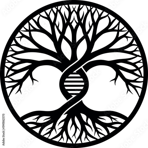 Black silhouette of a tree of life with dna double helix trunk in a circle