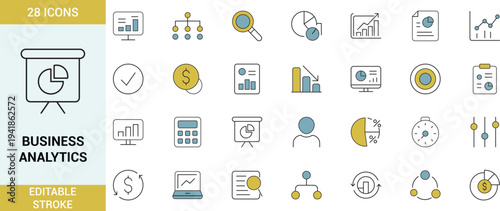 Business analytics colored line icon set with charts, graphs, data reports, statistics and finance symbols. Editable stroke vector icons for dashboard, web and mobile UI design.