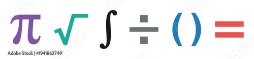 Set of colorful mathematical symbols including pi, square root, integral, division, parentheses, and equals sign arranged in a horizontal row in a flat design style