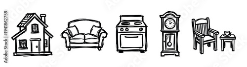 Collection of hand-drawn household items and a house are depicted in a charming, whimsical sketch style with bold black outlines and a simple, clean aesthetic