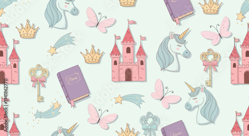 Whimsical Unicorns Castles Crowns Fantasy Illustration.