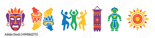 Set of vibrant cultural celebration icons featuring a ceremonial mask, people dancing, hands playing drums, a decorative banner, a traditional costume, and a stylized sun