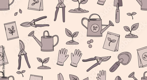 Gardening Tools and Accessories Illustration Pattern.