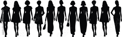 Silhouette collection of diverse women walking in various fashionable summer dresses and casual outfits for retail shopping and feminine lifestyle community concept background