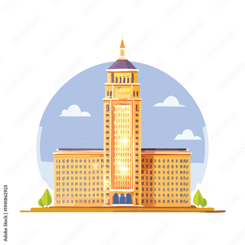 Fototapeta premium Towering building illustration with stylized architecture and design