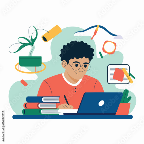 A cartoon man studying at a desk with a laptop and books surrounded by school supplies