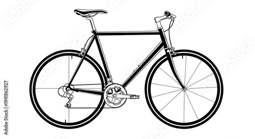 Black and White Bicycle Illustration Side View.