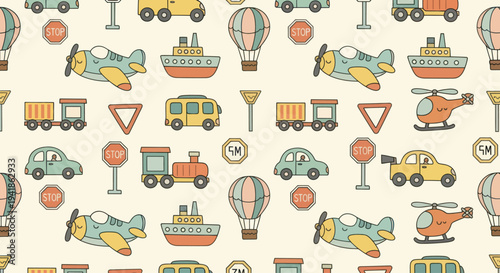Colorful Cartoon Vehicles and Transportation Icons.