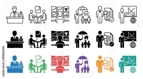 Collection of business and finance icons in line, solid, and color styles representing investment, stock trading, insurance, auditing, and corporate presentations